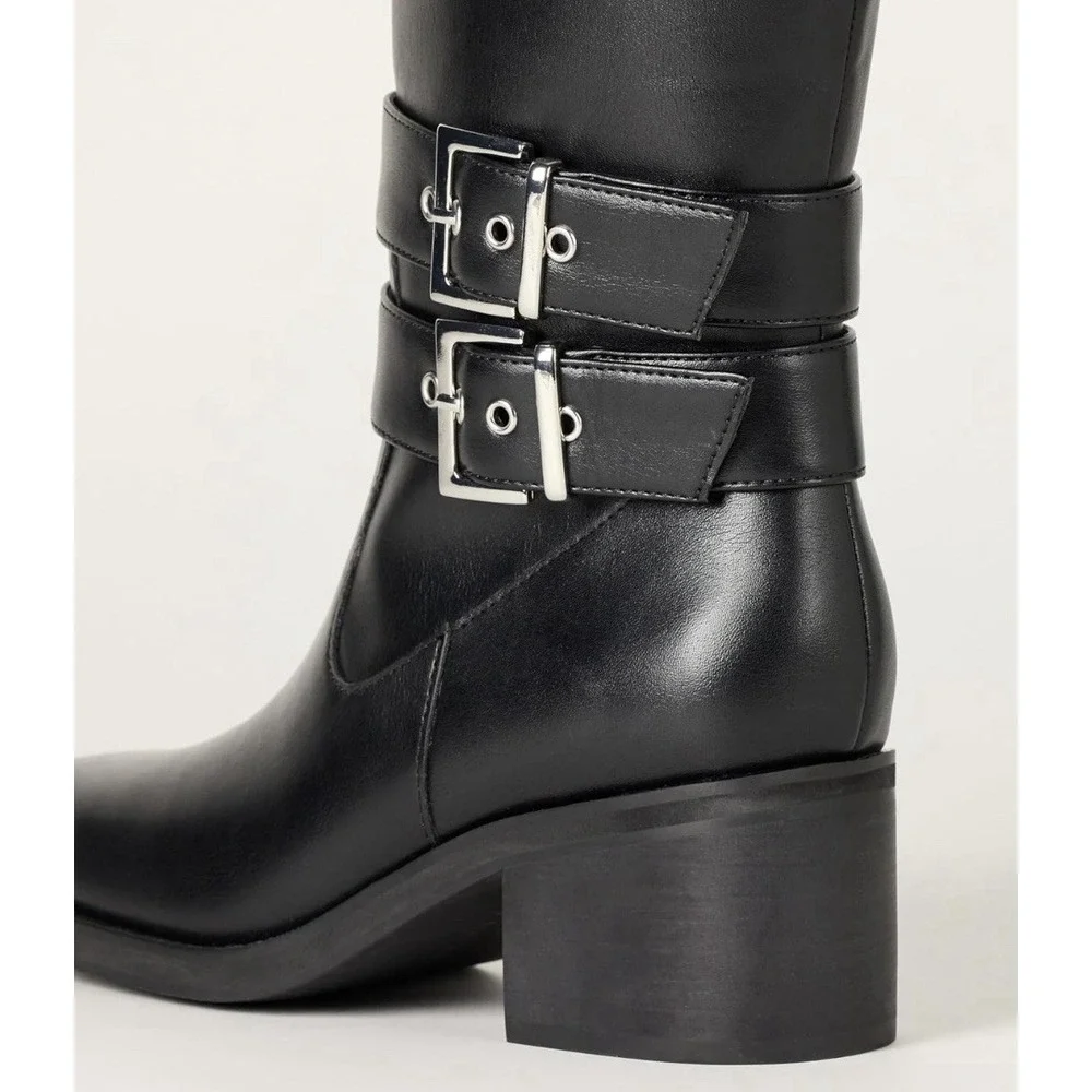 The Drop‎ Women's Biker Boot with Buckles 6.5 Black Faux Leather Side Zip